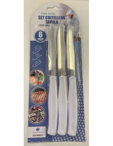 COLTELLI DA TAVOLA SEGHETTATI DENTI STRETTI 6PZ. BIANCHI