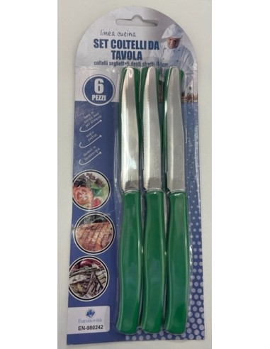 COLTELLI DA TAVOLA SEGHETTATI DENTI STRETTI 6PZ. VERDI