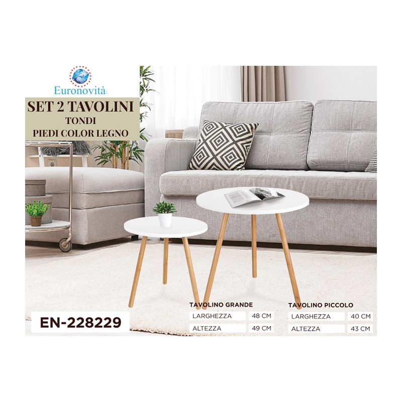 TAVOLINI SET 2PZ TONDI CON PIEDI COLOR LEGNO