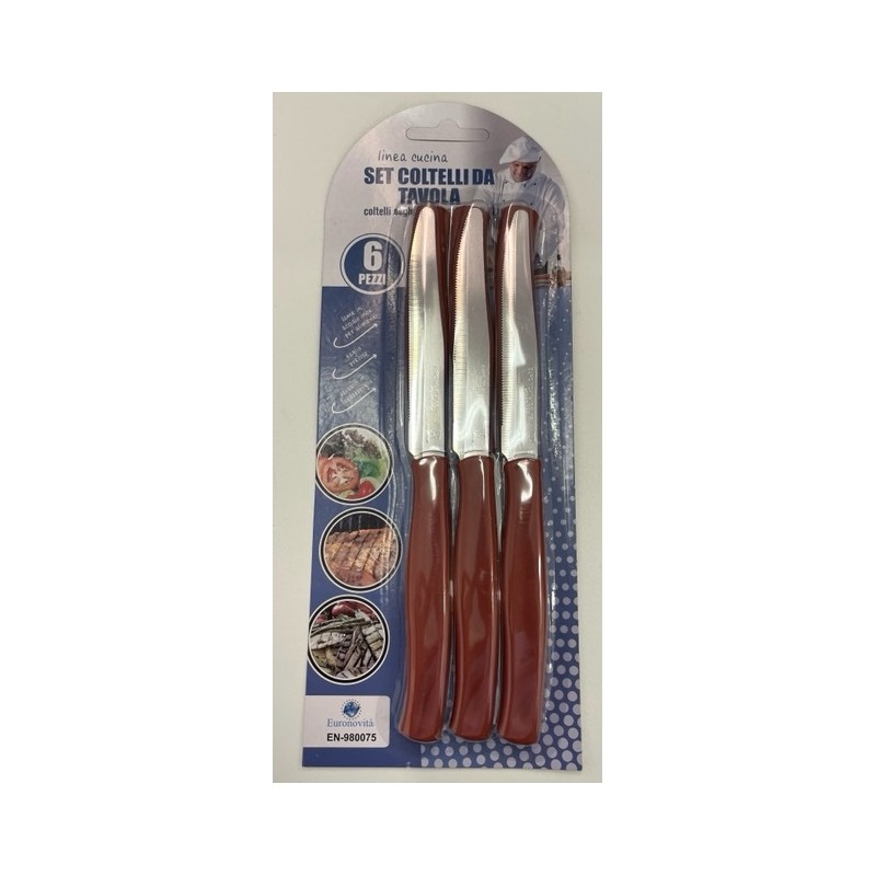 COLTELLI DA TAVOLA SEGHETTATI DENTI STRETTI 6PZ. MARRONE