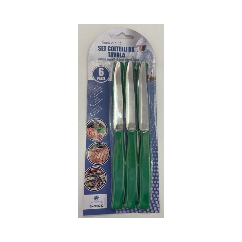 COLTELLI DA TAVOLA SEGHETTATI DENTI STRETTI 6PZ. VERDI