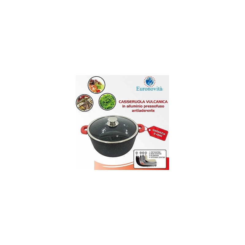 CASSERUOLA VUL.NERA ALL.PRE.C/COP IN VETRO MAN.SIL.24CM