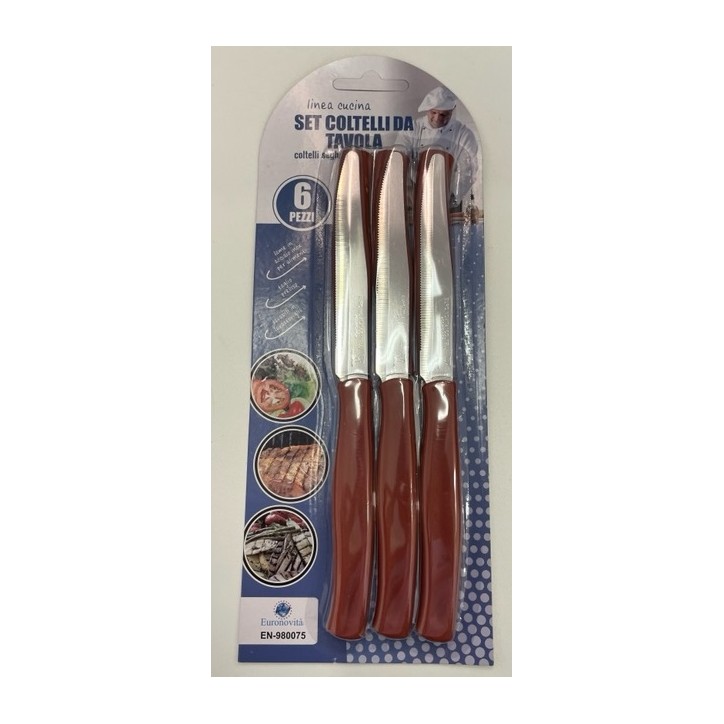 COLTELLI DA TAVOLA SEGHETTATI DENTI STRETTI 6PZ. MARRONE