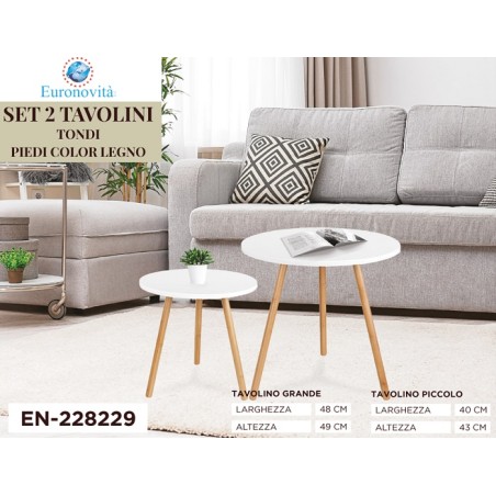 TAVOLINI SET 2PZ TONDI CON PIEDI COLOR LEGNO